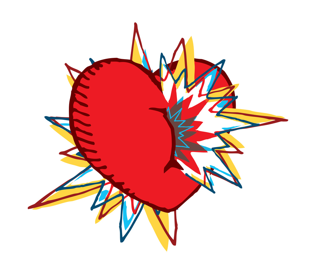 Cartoon illustration of colorful heart exploding