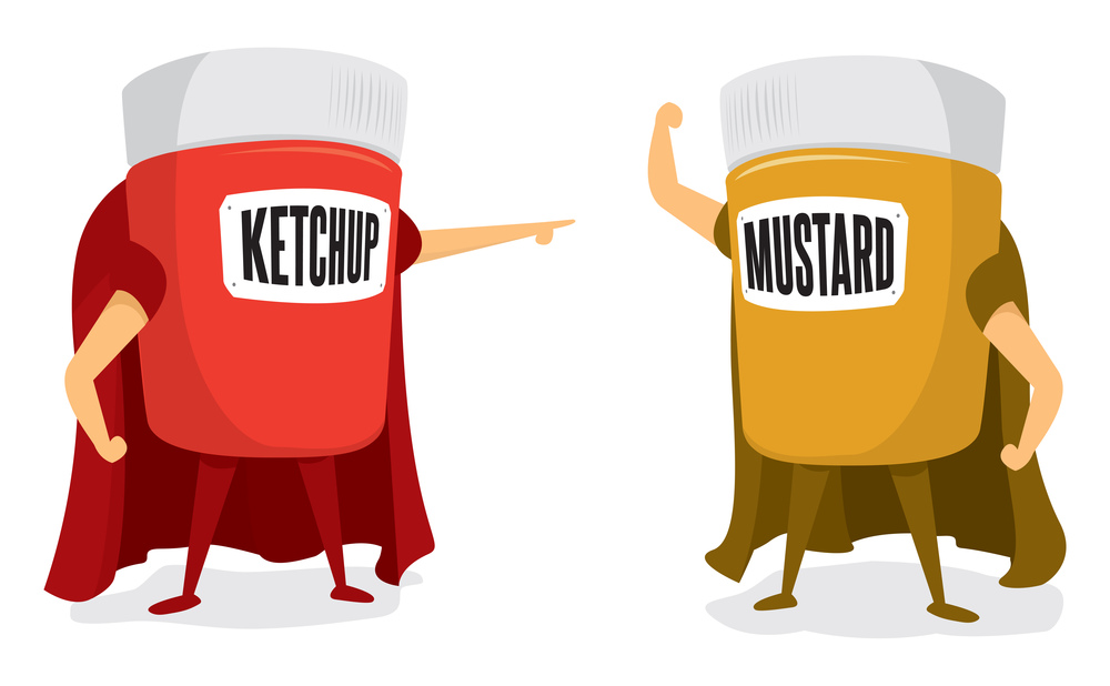 Cartoon illustration of mustard and ketchup battle