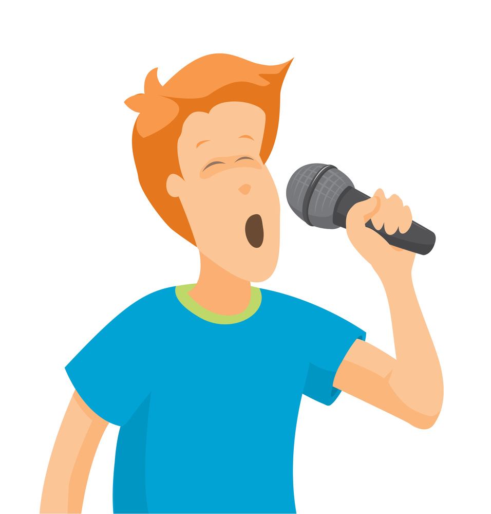 Cartoon illustration of young boy singing on microphone