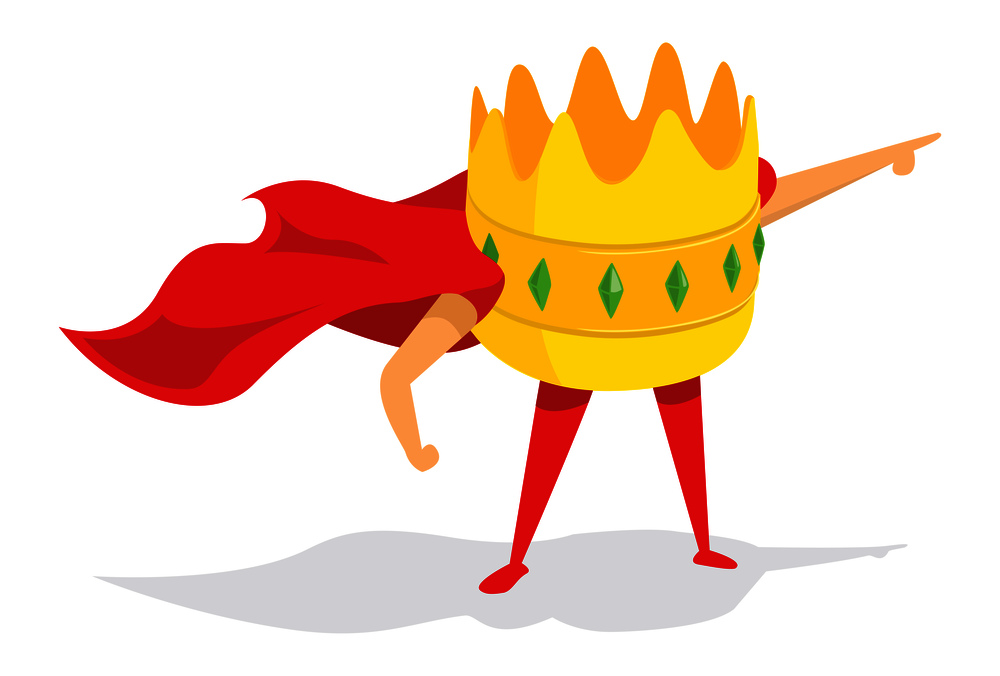 Cartoon illustration of crown super hero king saving the day
