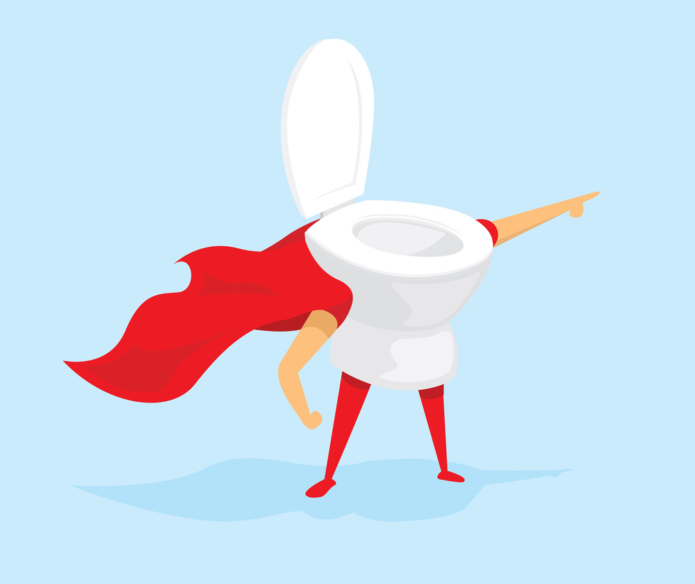 Cartoon illustration of toilet super hero saving the day