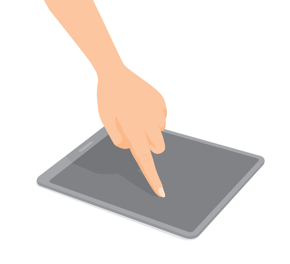 Cartoon illustration of woman touching a tablet screen