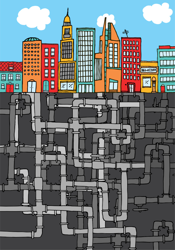Cartoon illustration of pipeline texture under skyline city