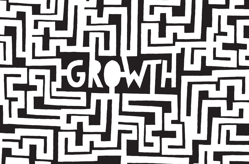 Cartoon illustration of growth word in a complex maze