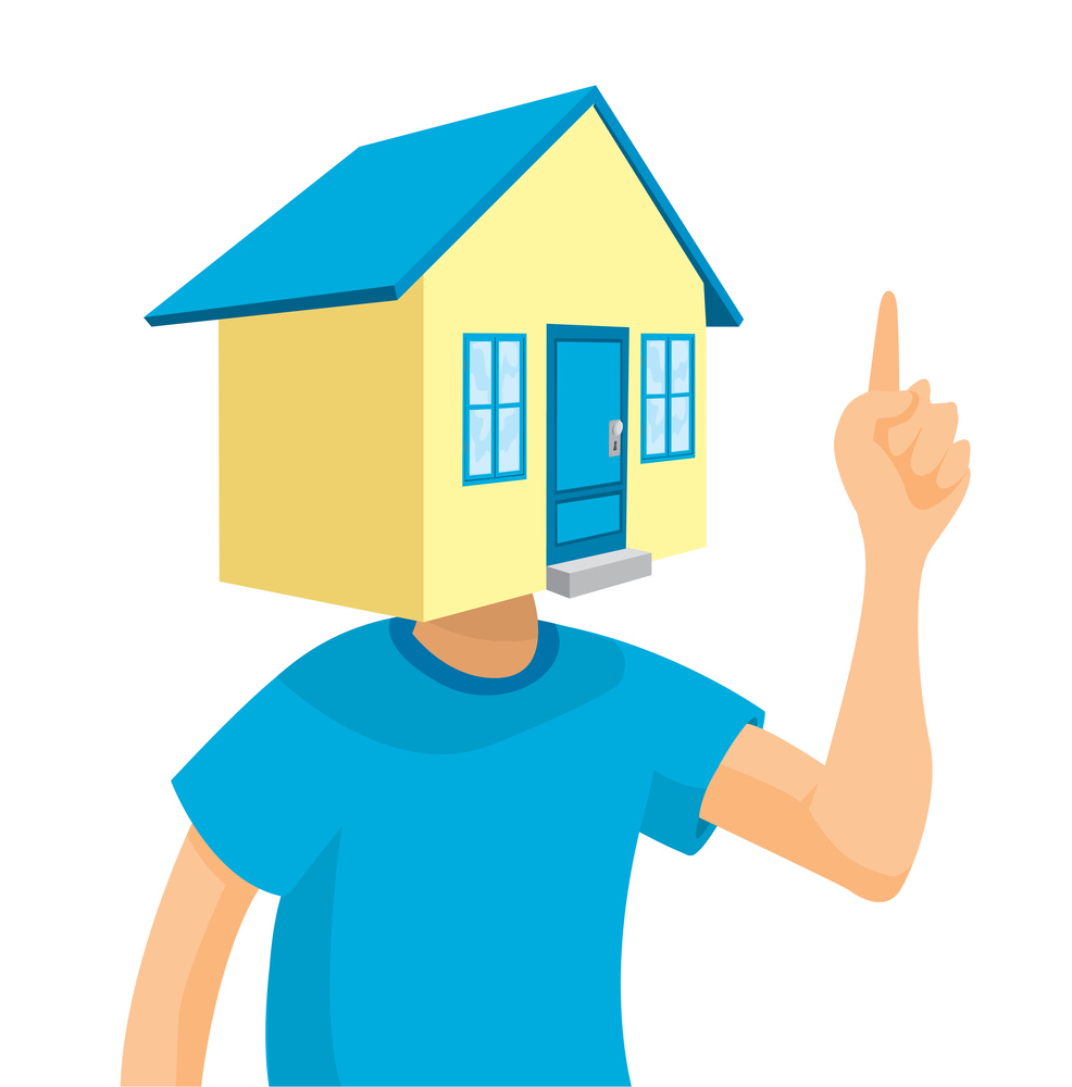 Cartoon illustration of man thinking of buying or renting house