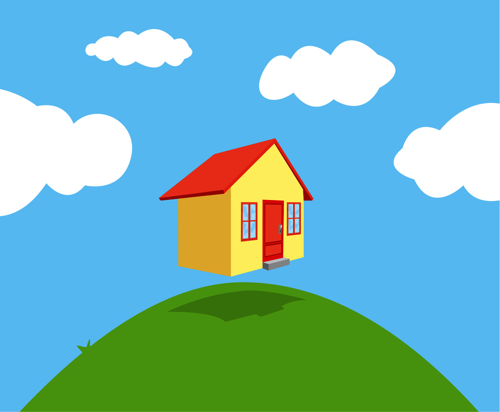 Cartoon illustration of small house floating on air