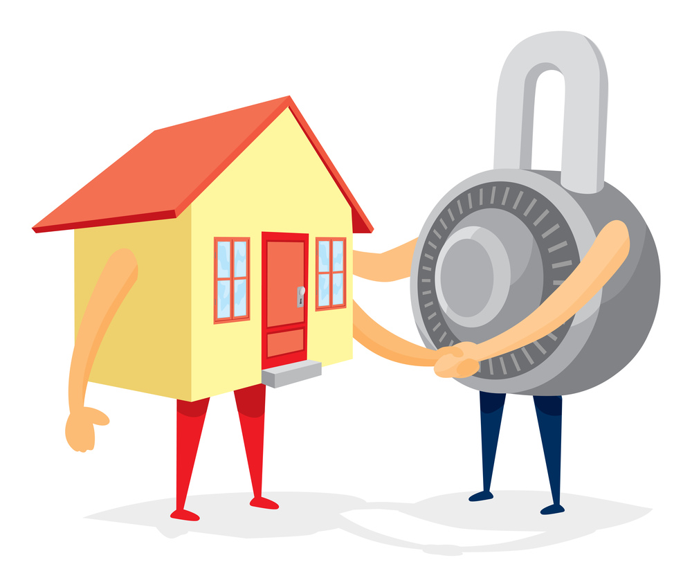 Cartoon illustration of handshake between house and padlock