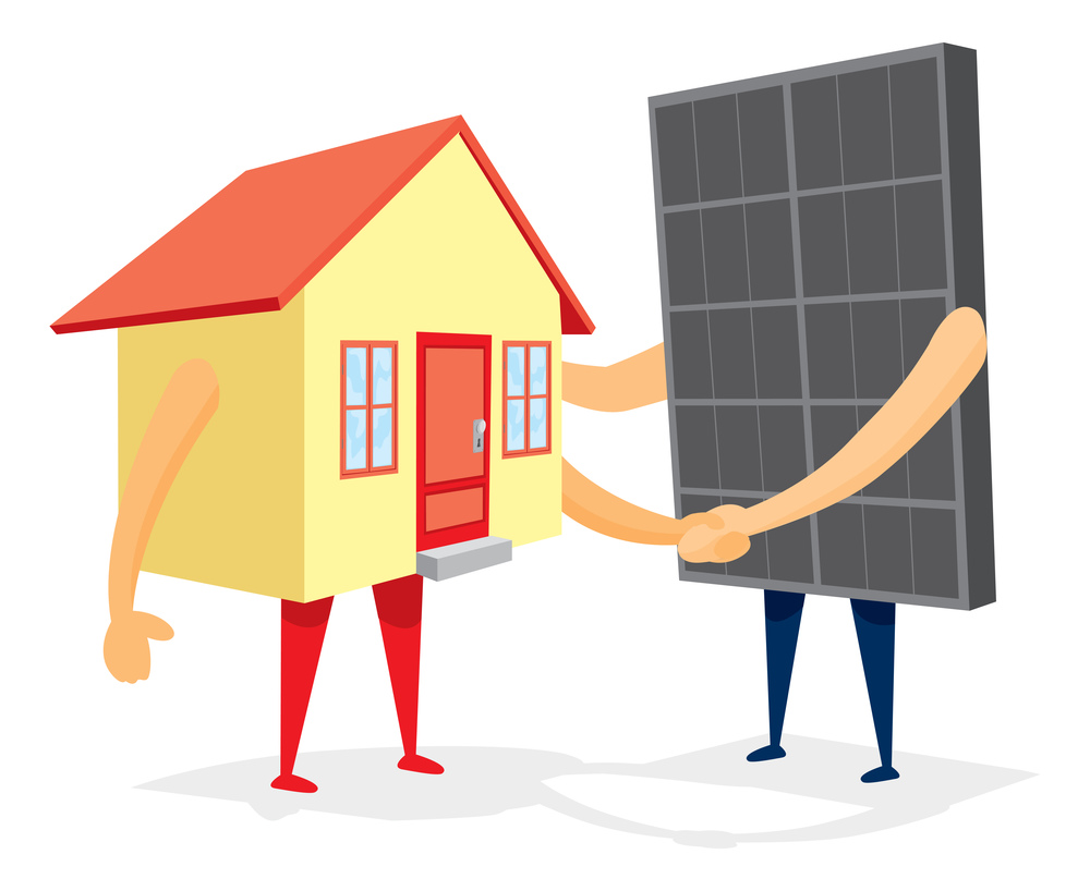 Cartoon illustration of handshake between house and solar panel