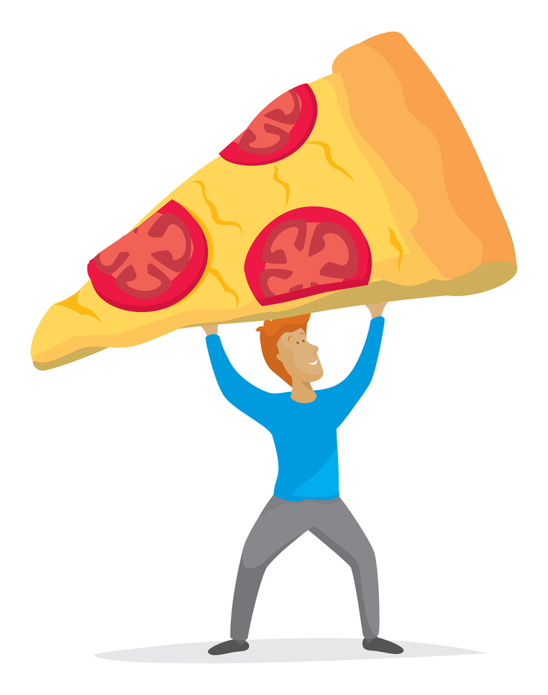 Cartoon illustration of happy man holding a giant pizza slice