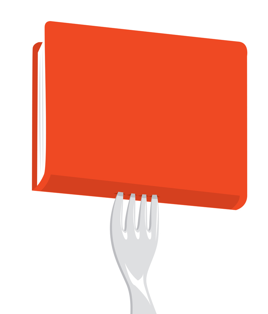 Cartoon illustration of fork stabbing a red book