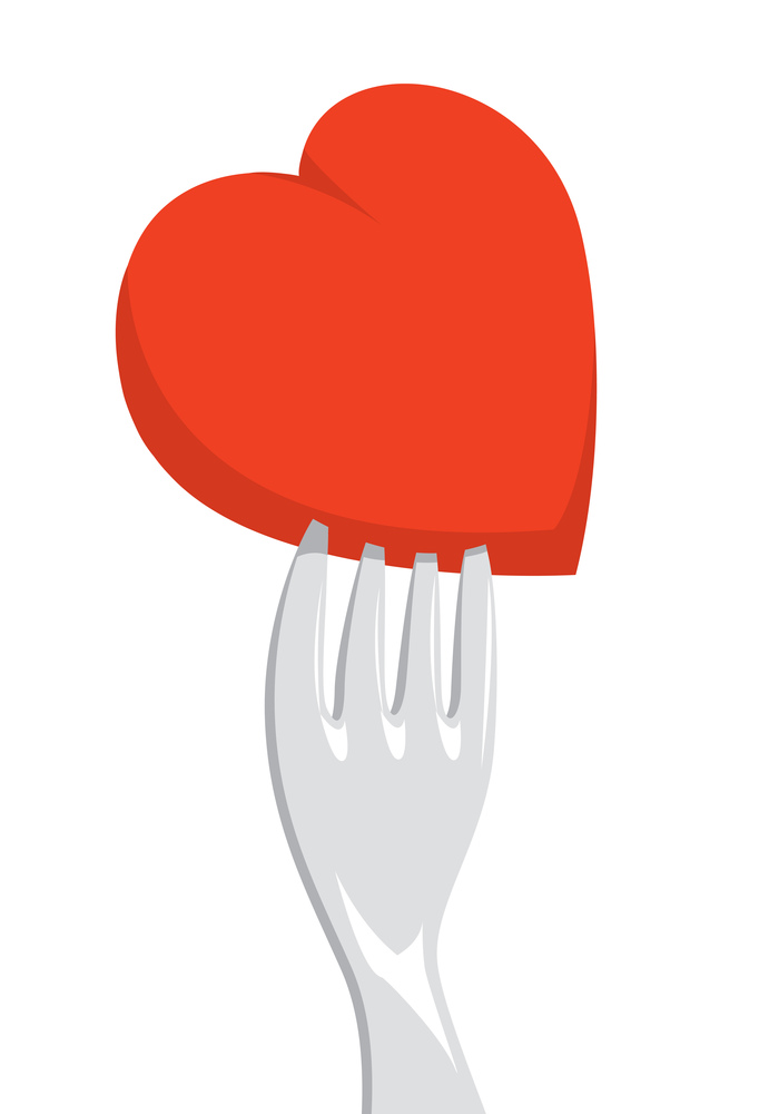 Cartoon illustration of fork stabbing heart in love