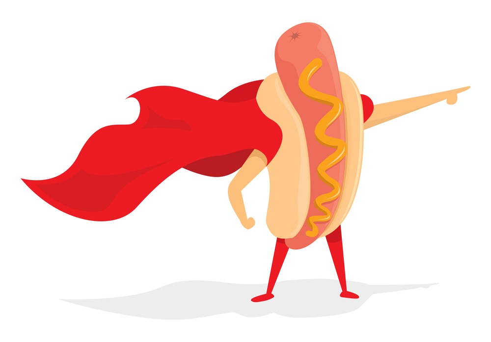 Cartoon illustration of hot dog super hero standing with cape