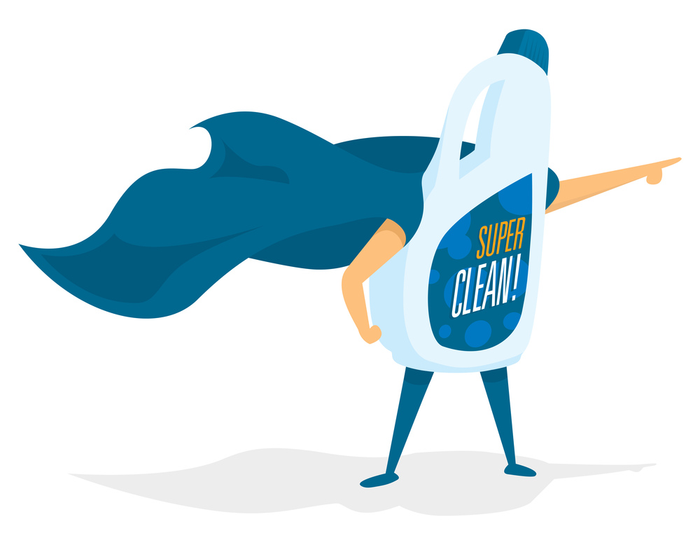 Cartoon illustration of super cleaning product as hero saving the day