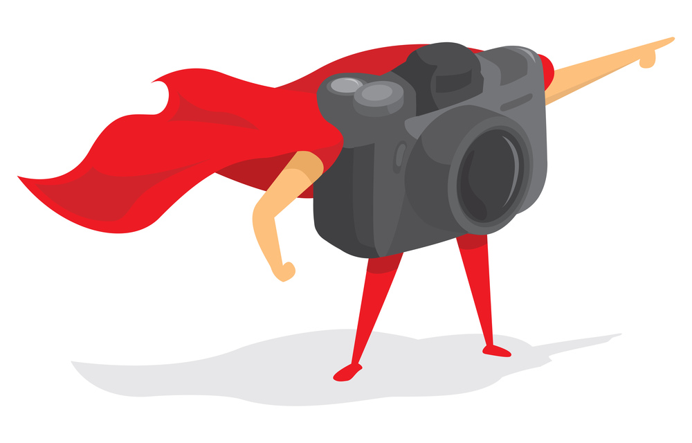 Cartoon illustration of super hero camera saving the day