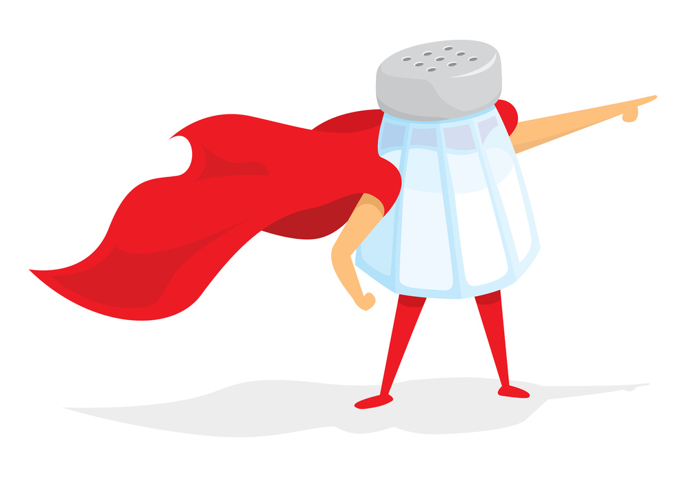 Cartoon illustration of super hero salt saving the day