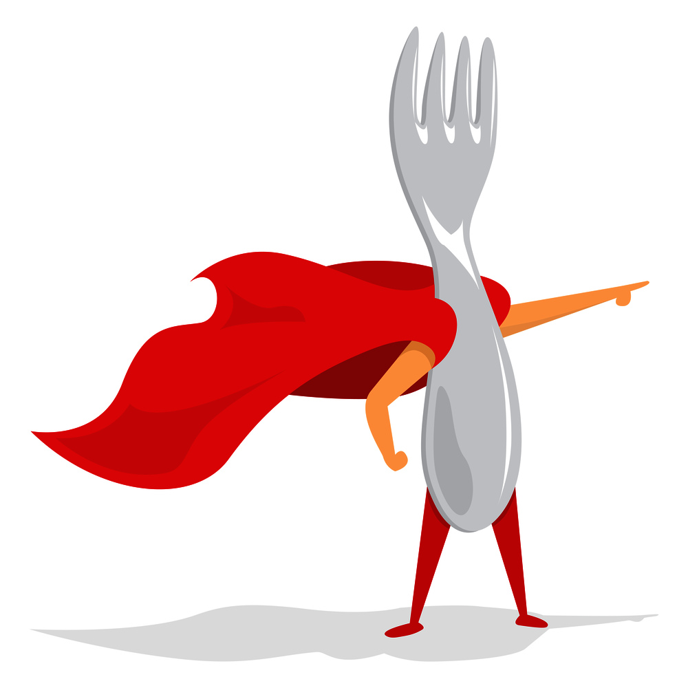 Cartoon illustration of super hero fork saving the day