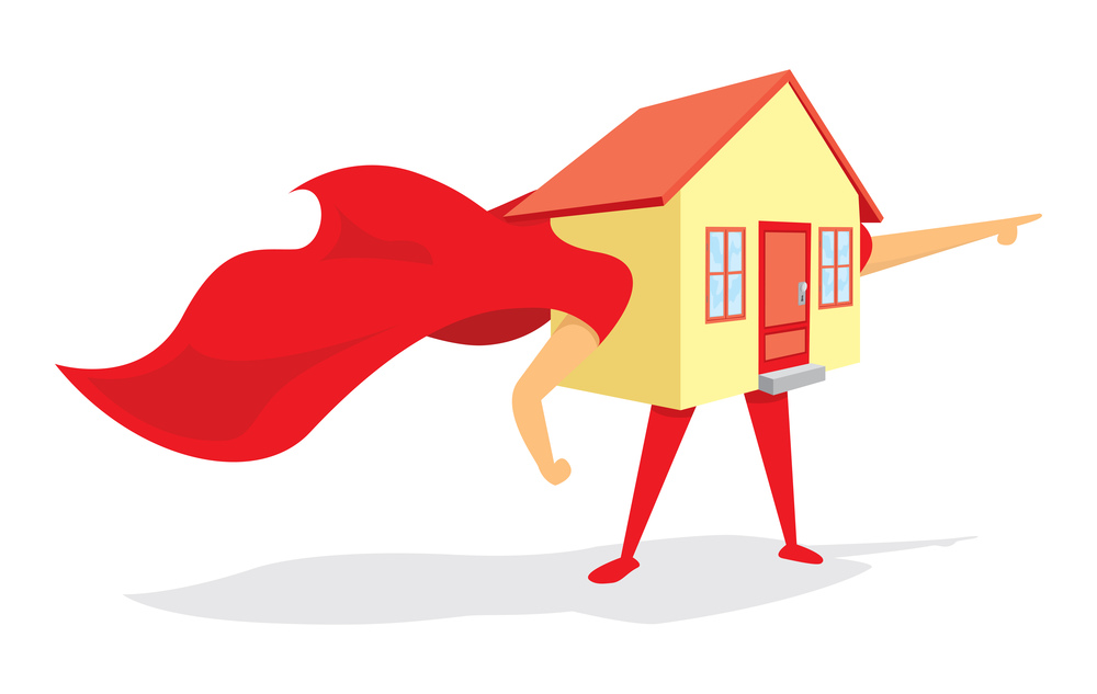 Cartoon illustration of super hero house saving the day