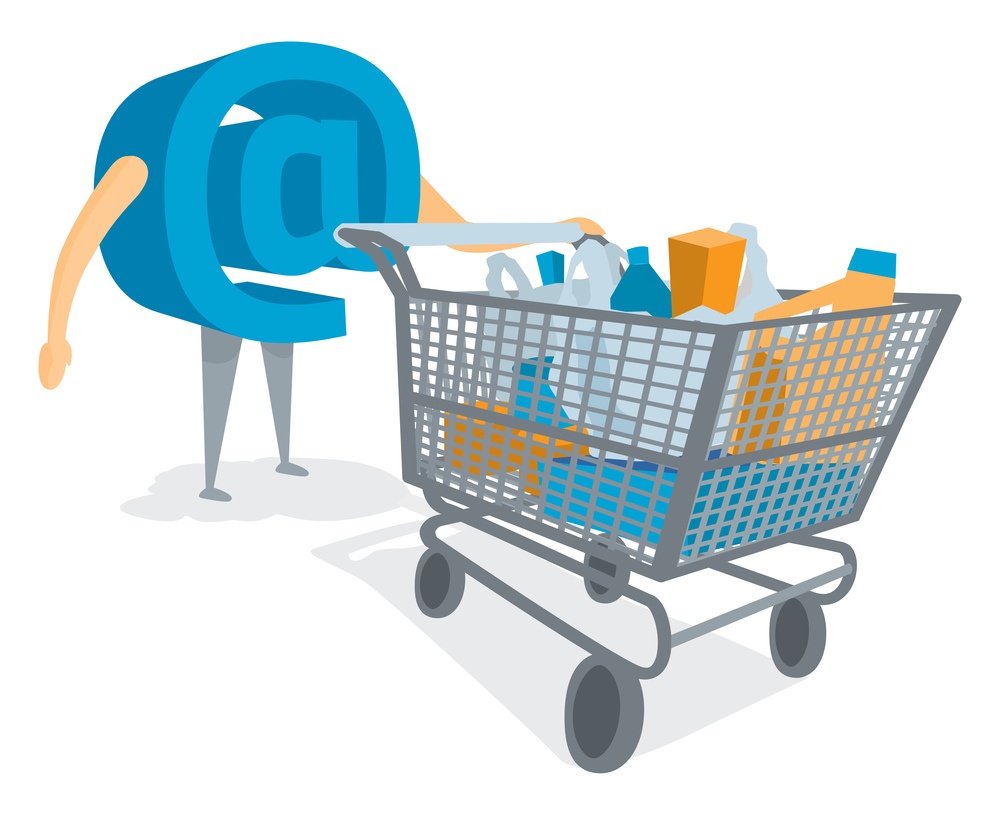 Cartoon illustration of at sign buying online with shopping cart