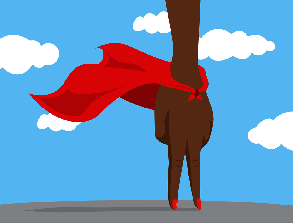 Cartoon illustration of african american woman hand super hero with cape