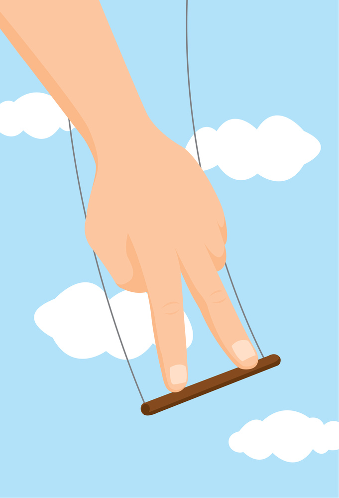 Cartoon illustration of mans hand balancing on flying trapeze