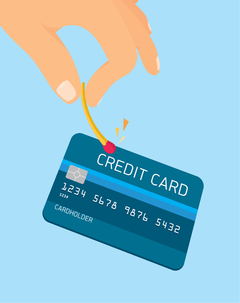 Cartoon illustration of credit card sparking with fire matches