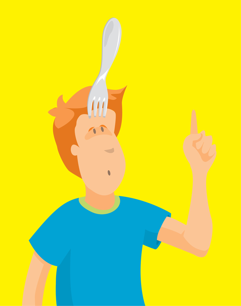 Cartoon illustration of funny man stabbed with fork on his head