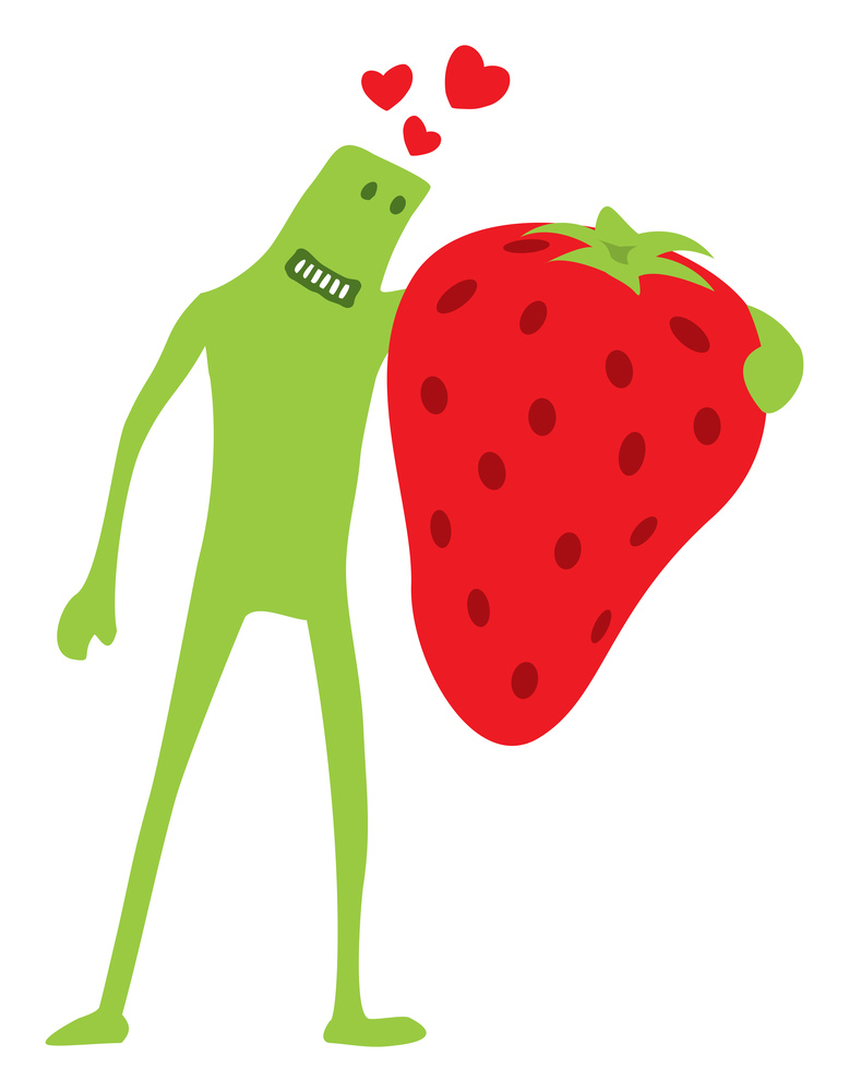Cartoon illustration of funny doodle character hugging a giant strawberry
