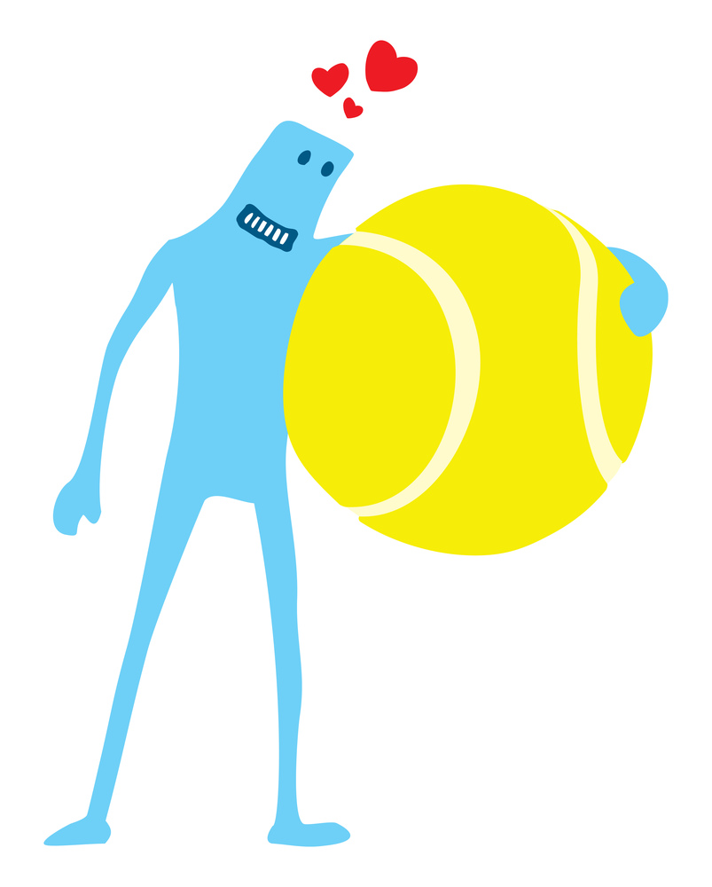 Cartoon illustration of funny doodle character hugging a huge tennis ball