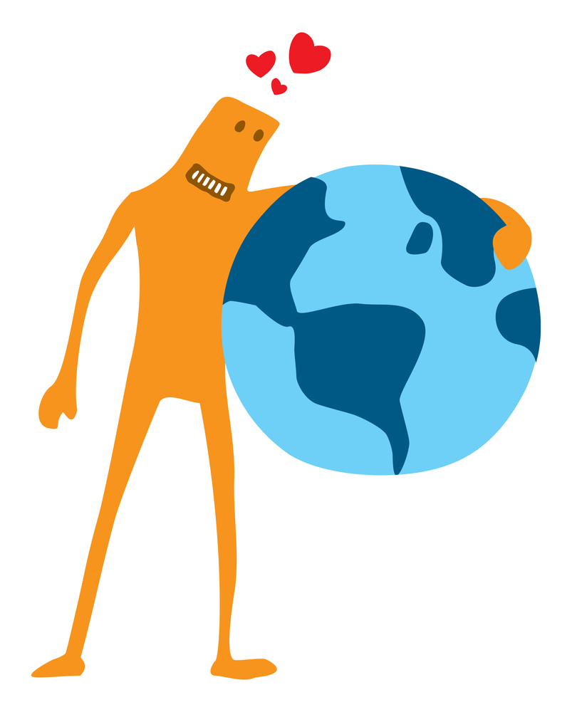 Cartoon illustration of funny doodle character hugging planet earth