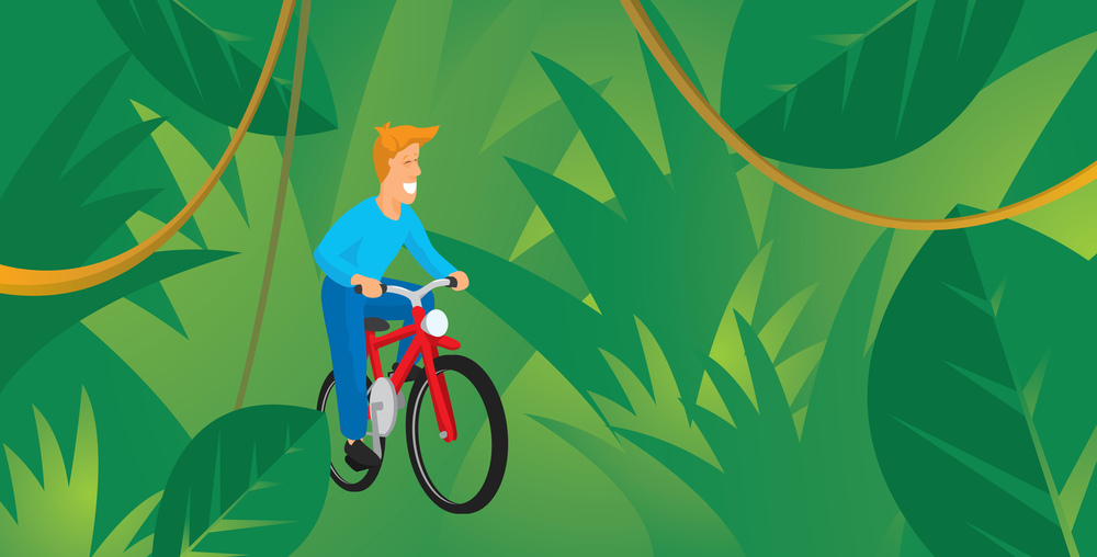 Cartoon illustration of misplaced man riding a bike in the jungle