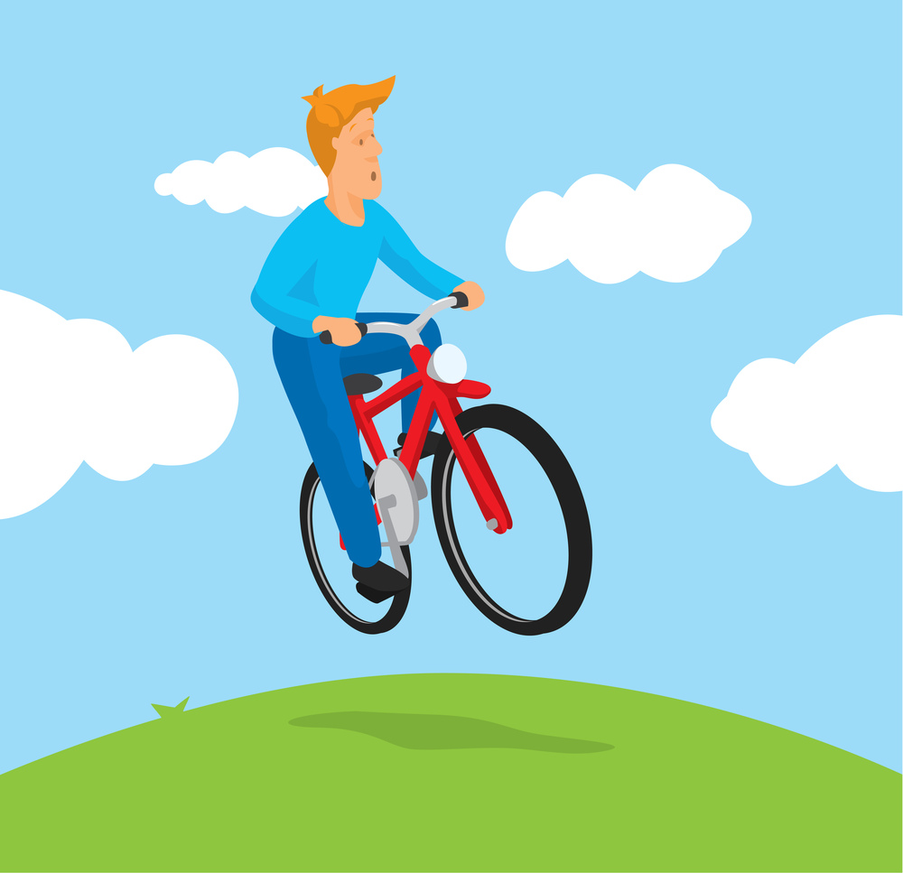 Cartoon illustration of man riding a bike mid air