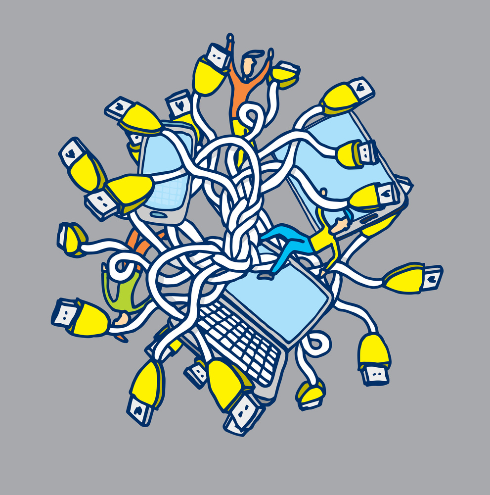 Cartoon illustration of modern people tied up on technology