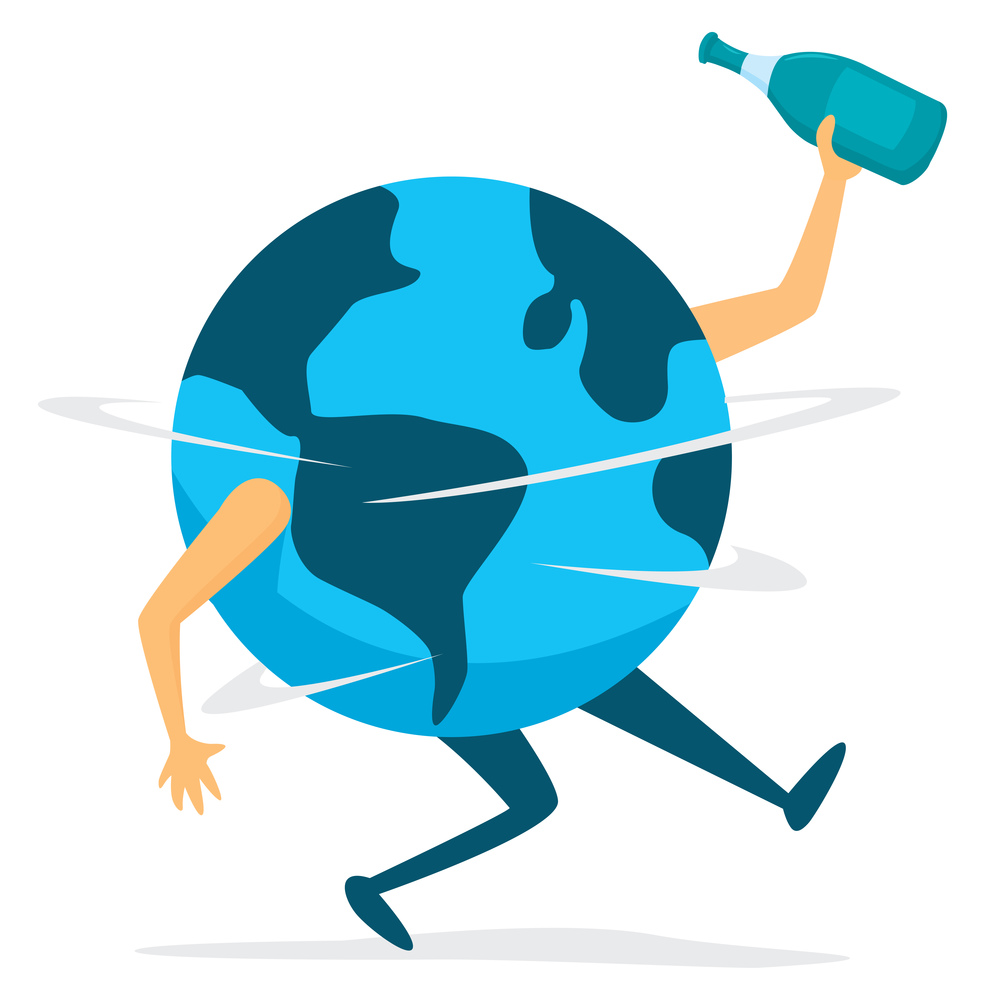 Cartoon illustration of drunk planet earth holding a bottle