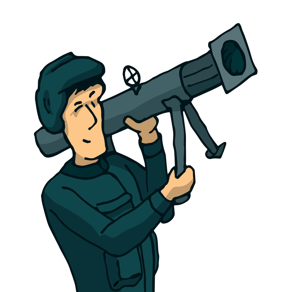 Cartoon illustration of soldier aiming a bazooka gun