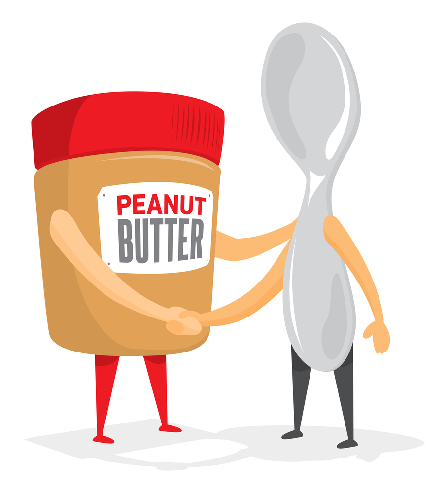 Cartoon illustration of peanut butter jar and spoon shaking hands