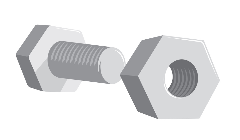Cartoon illustration of screwing nut and bolt