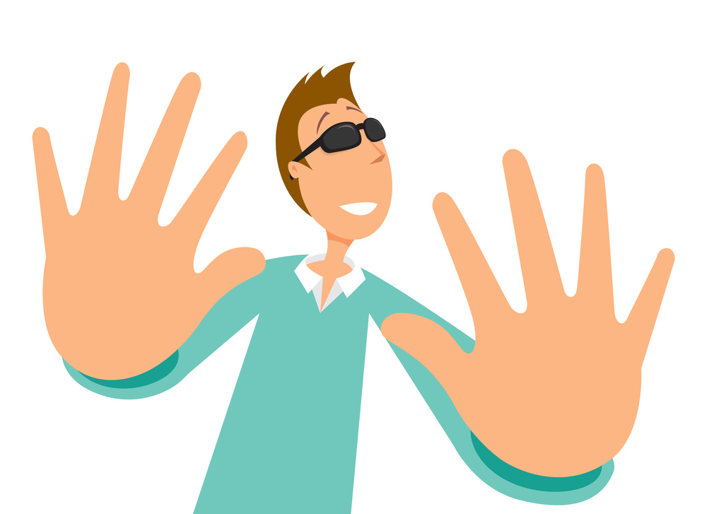 Cartoon illustration of blind man wearing sunglasses and touching