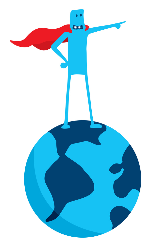 Cartoon illustration of a superhero doodle on a globe