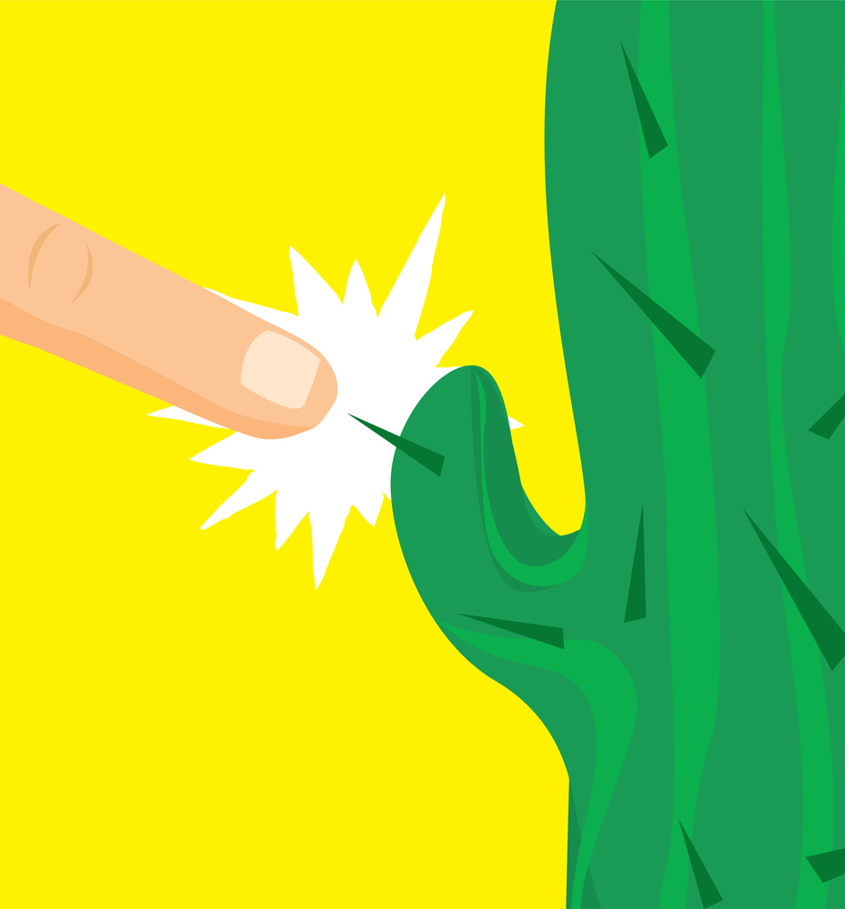 Cartoon illustration of cactus thorn poking a finger