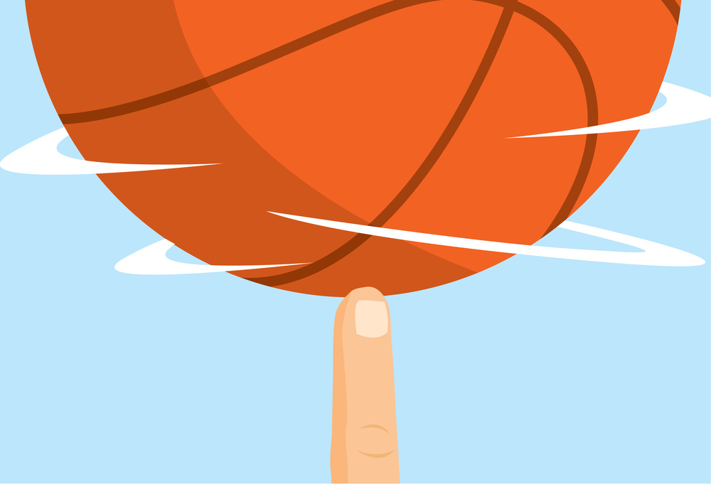 Cartoon illustration of skilled basket player spinning basketball