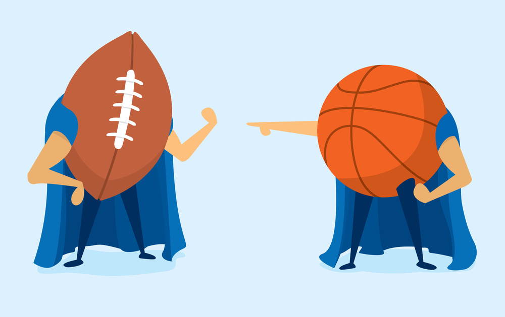 Cartoon illustration of battle between football and basketball