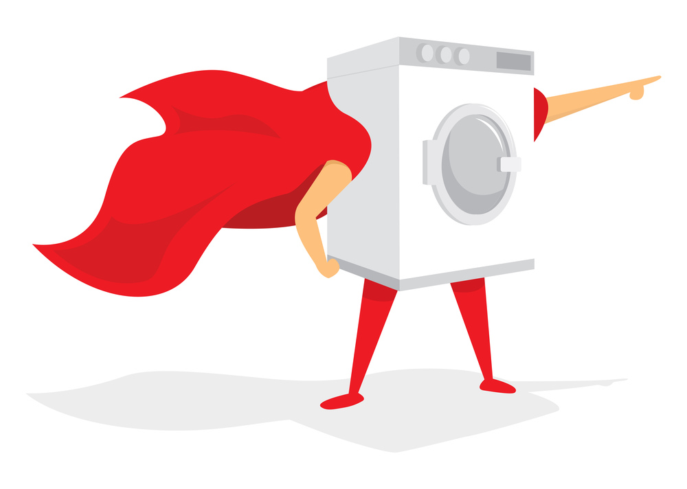 Cartoon illustration of super washing machine hero saving the day