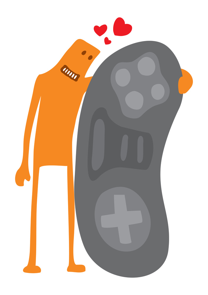 Cartoon illustration of funny character hugging huge game controller