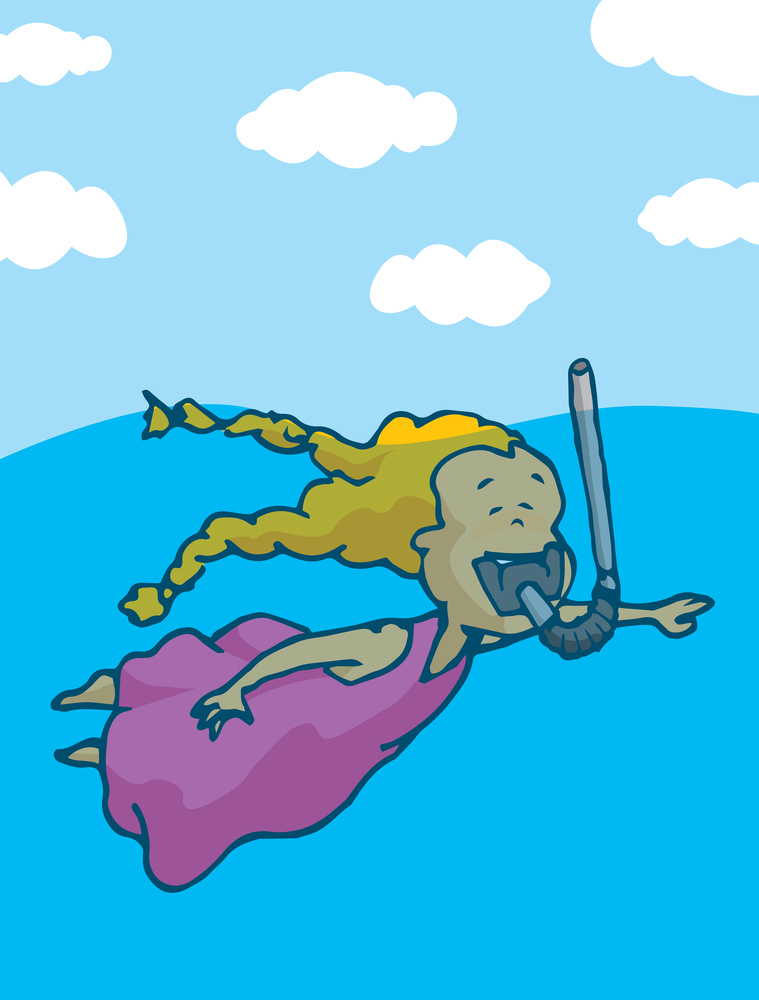 Cartoon illustration of cute girl using a snorkel