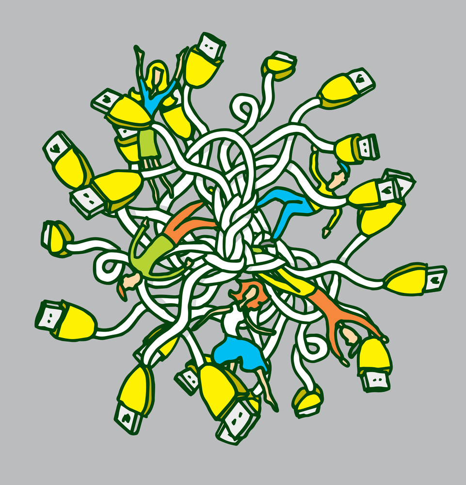 Cartoon illustration of people tangled in cables and connections