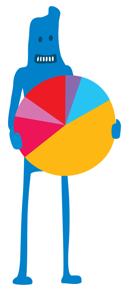 Cartoon illustration of funny man holding a colorful pie chart