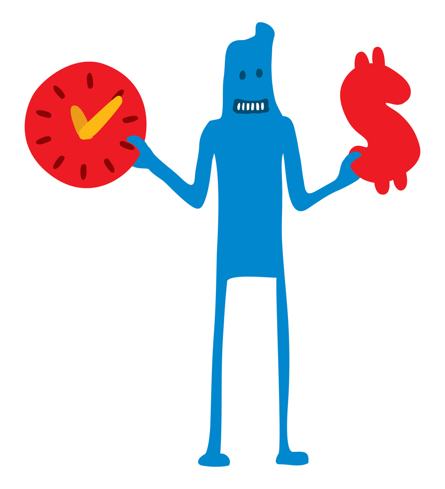 Cartoon illustration of character saving time and money icons
