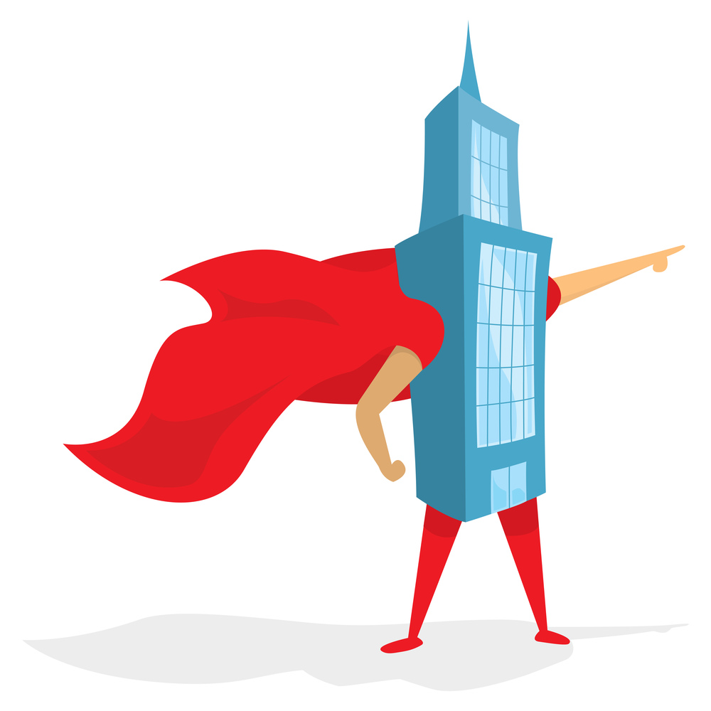 Cartoon illustration of super hero building saving the day