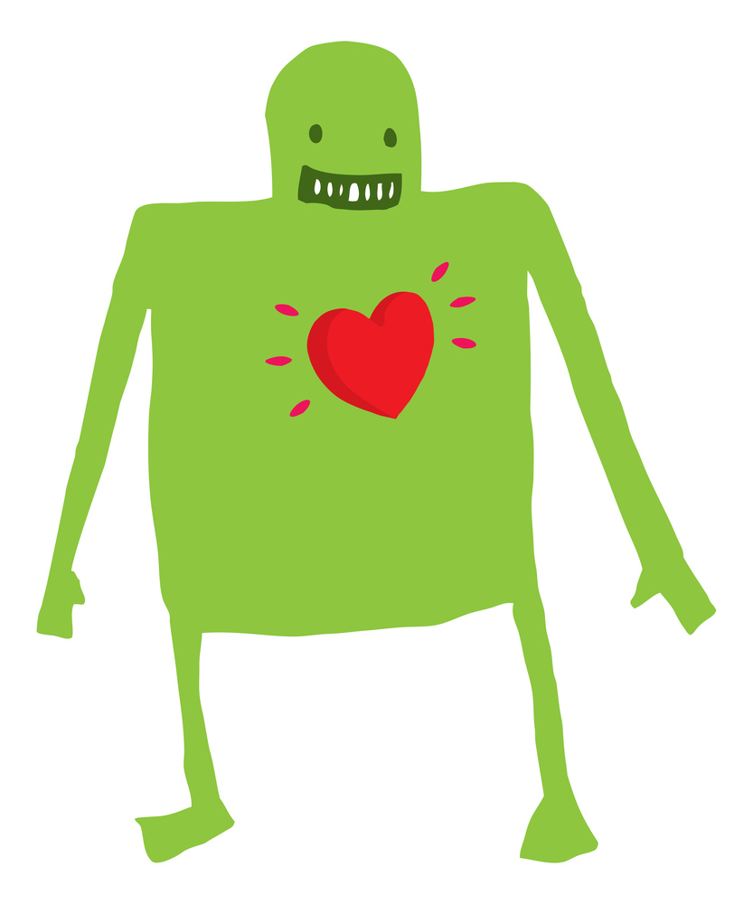 Cartoon illustration of funny green character with happy heart
