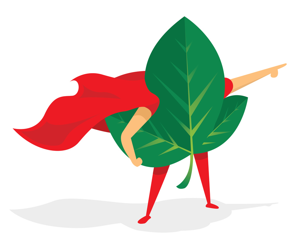 Cartoon illustration of leaf super hero saving the day